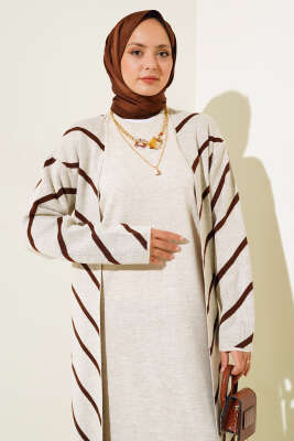 Yatay Çizgili Elbise Triko İkili Takım Bej - Triko İkili Takım
