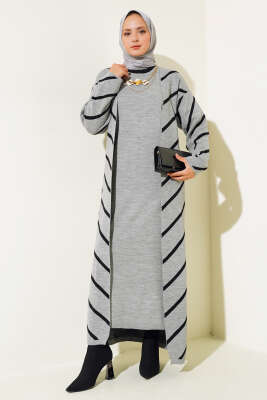 Yatay Çizgili Elbise Triko İkili Takım Gri - Triko İkili Takım