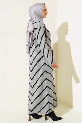 Yatay Çizgili Elbise Triko İkili Takım Gri - Triko İkili Takım