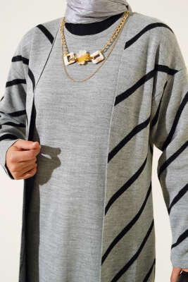 Yatay Çizgili Elbise Triko İkili Takım Gri - Triko İkili Takım