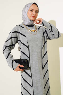 Yatay Çizgili Elbise Triko İkili Takım Gri - Triko İkili Takım