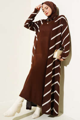 Yatay Çizgili Elbise Triko İkili Takım Kahve 