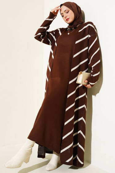 Yatay Çizgili Elbise Triko İkili Takım Kahve - Triko İkili Takım