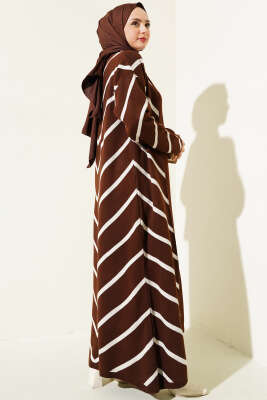 Yatay Çizgili Elbise Triko İkili Takım Kahve - Triko İkili Takım