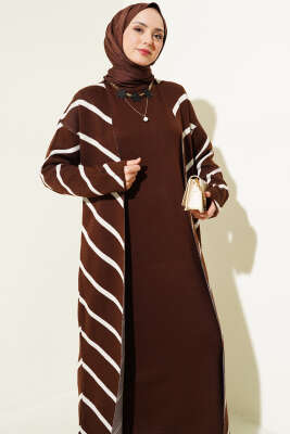 Yatay Çizgili Elbise Triko İkili Takım Kahve - Triko İkili Takım