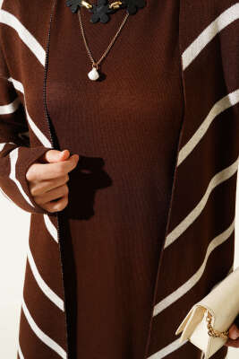 Yatay Çizgili Elbise Triko İkili Takım Kahve - Triko İkili Takım