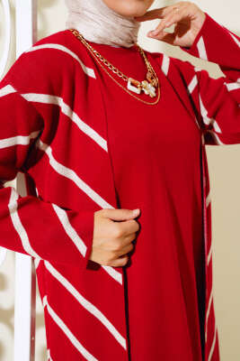 Yatay Çizgili Elbise Triko İkili Takım Kırmızı - Triko İkili Takım