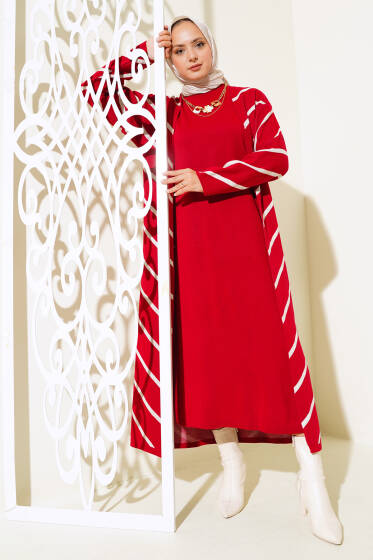 Yatay Çizgili Elbise Triko İkili Takım Kırmızı - Triko İkili Takım