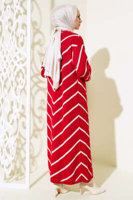 Yatay Çizgili Elbise Triko İkili Takım Kırmızı - Triko İkili Takım