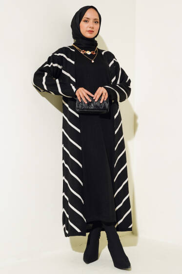 Yatay Çizgili Elbise Triko İkili Takım Siyah - İkili Takım