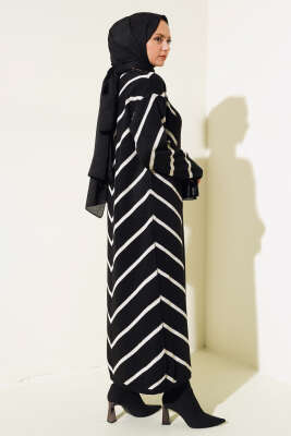 Yatay Çizgili Elbise Triko İkili Takım Siyah - Triko İkili Takım