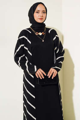 Yatay Çizgili Elbise Triko İkili Takım Siyah - Triko İkili Takım