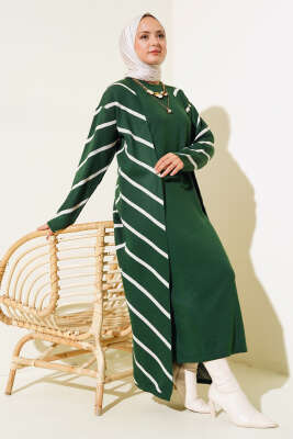 Yatay Çizgili Elbise Triko İkili Takım Zümrüt 