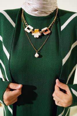 Yatay Çizgili Elbise Triko İkili Takım Zümrüt - Triko İkili Takım