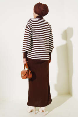 Yatay Çizgili Elbise Triko Takım Kahve - Triko İkili Takım