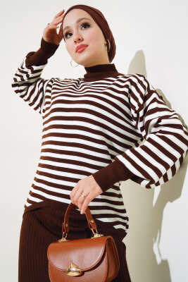 Yatay Çizgili Elbise Triko Takım Kahve - Triko İkili Takım