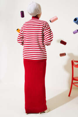 Yatay Çizgili Elbise Triko Takım Kırmızı - Triko İkili Takım