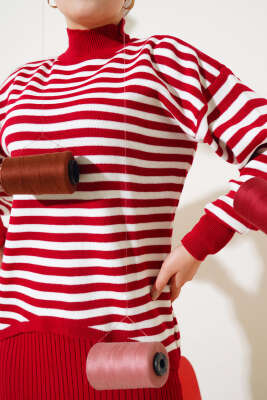 Yatay Çizgili Elbise Triko Takım Kırmızı - Triko İkili Takım