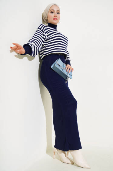 Yatay Çizgili Elbise Triko Takım Lacivert - İkili Takım