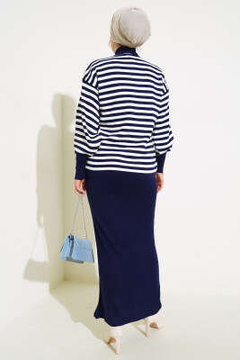 Yatay Çizgili Elbise Triko Takım Lacivert - Triko İkili Takım