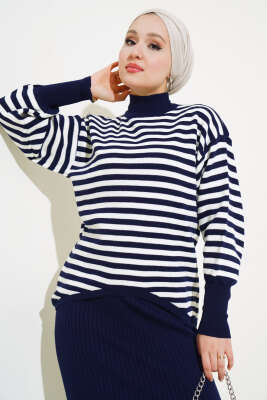 Yatay Çizgili Elbise Triko Takım Lacivert - Triko İkili Takım