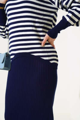 Yatay Çizgili Elbise Triko Takım Lacivert - Triko İkili Takım