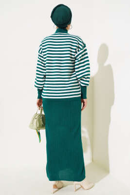 Yatay Çizgili Elbise Triko Takım Nefti - Triko İkili Takım