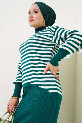 Yatay Çizgili Elbise Triko Takım Nefti - Triko İkili Takım