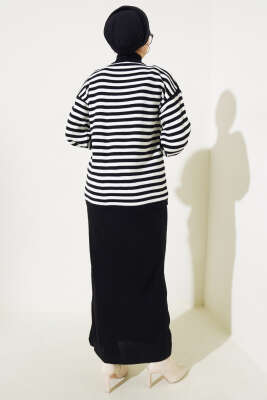 Yatay Çizgili Elbise Triko Takım Siyah - Triko İkili Takım