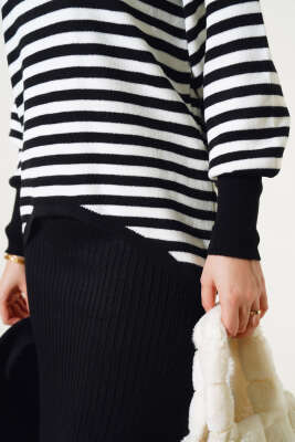 Yatay Çizgili Elbise Triko Takım Siyah - Triko İkili Takım