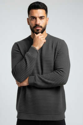 Yatay Çizgili Erkek Triko Kazak Antrasit - YNR YENER TRİKO