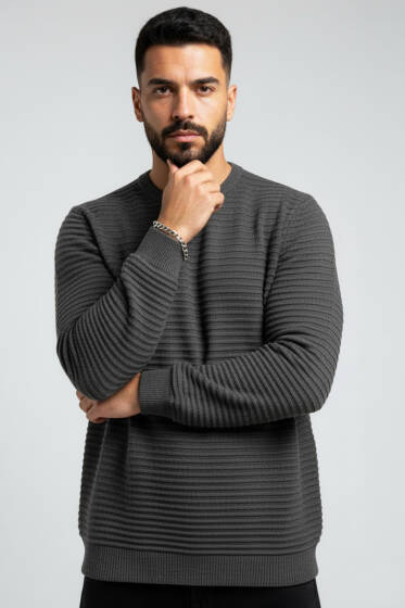 Yatay Çizgili Erkek Triko Kazak Antrasit - Erkek Kazak