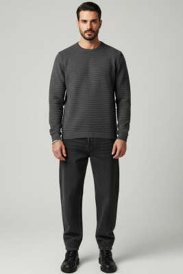 Yatay Çizgili Erkek Triko Kazak Antrasit - Erkek Kazak