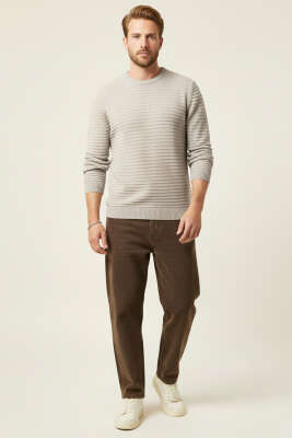 Yatay Çizgili Erkek Triko Kazak Bej - Erkek Kazak