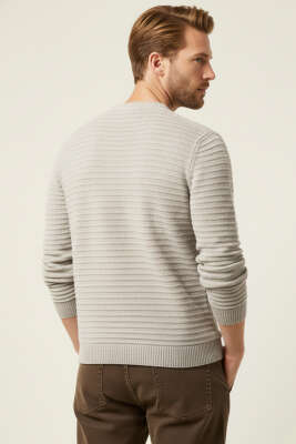 Yatay Çizgili Erkek Triko Kazak Bej - Erkek Kazak