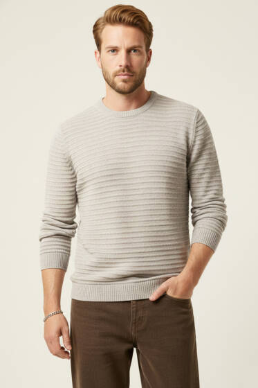 Yatay Çizgili Erkek Triko Kazak Bej - Erkek Kazak