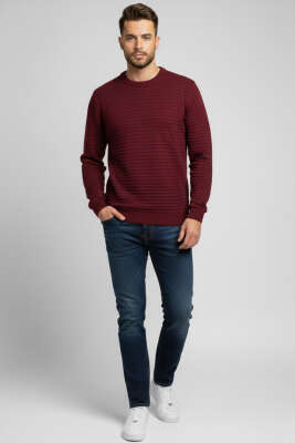 Yatay Çizgili Erkek Triko Kazak Bordo - Erkek Kazak