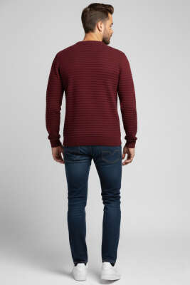 Yatay Çizgili Erkek Triko Kazak Bordo - Erkek Kazak