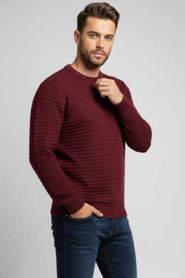 Yatay Çizgili Erkek Triko Kazak Bordo - Erkek Kazak