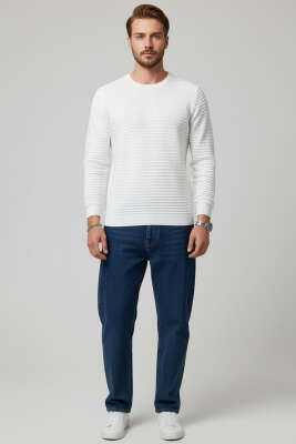 Yatay Çizgili Erkek Triko Kazak Ekru - Erkek Kazak