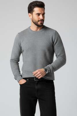 Yatay Çizgili Erkek Triko Kazak Füme - YNR YENER TRİKO