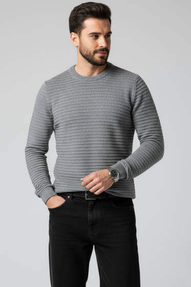 Yatay Çizgili Erkek Triko Kazak Füme - Erkek Kazak