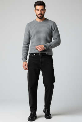 Yatay Çizgili Erkek Triko Kazak Füme - Erkek Kazak