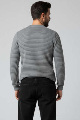 Yatay Çizgili Erkek Triko Kazak Füme - Erkek Kazak