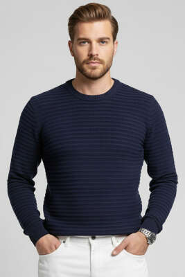 Yatay Çizgili Erkek Triko Kazak Lacivert - YNR YENER TRİKO