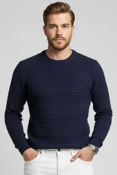 Yatay Çizgili Erkek Triko Kazak Lacivert - Erkek Kazak
