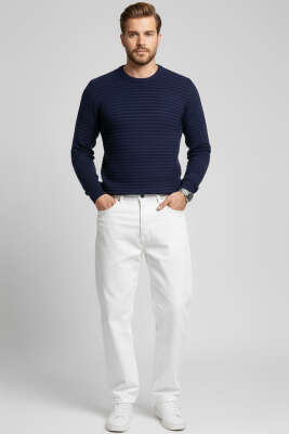 Yatay Çizgili Erkek Triko Kazak Lacivert - Erkek Kazak