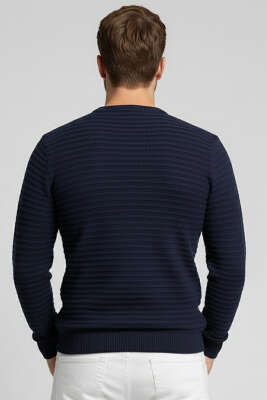 Yatay Çizgili Erkek Triko Kazak Lacivert - Erkek Kazak