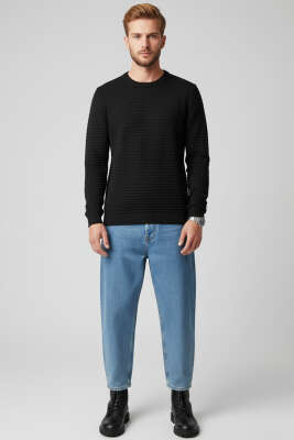 Yatay Çizgili Erkek Triko Kazak Siyah - Erkek Kazak