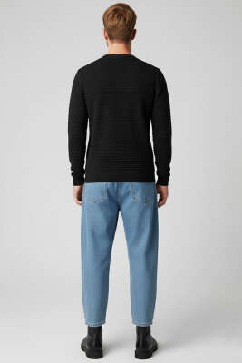 Yatay Çizgili Erkek Triko Kazak Siyah - Erkek Kazak